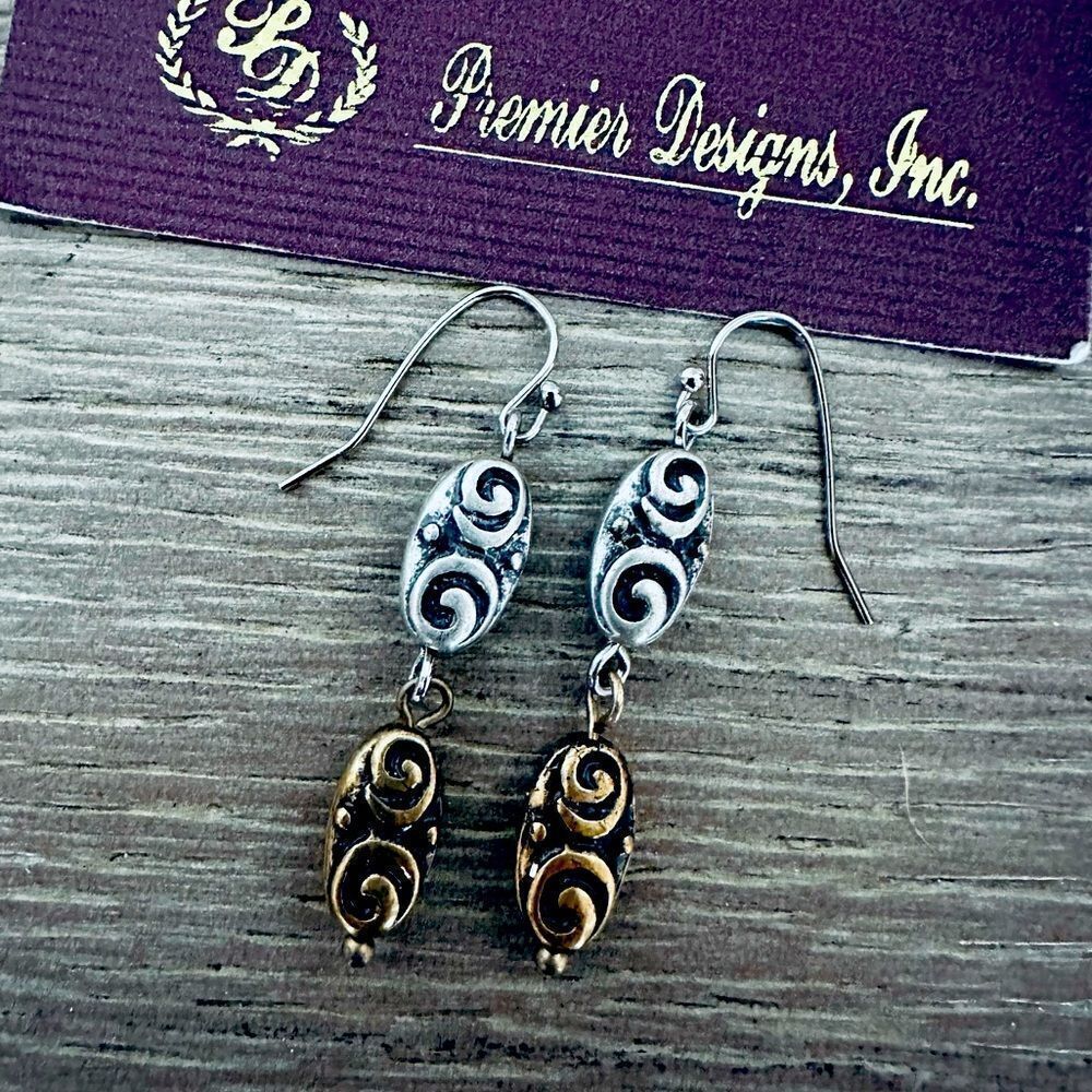 Premier Designs Gold Silver Antiqued Scroll Drop Earrings